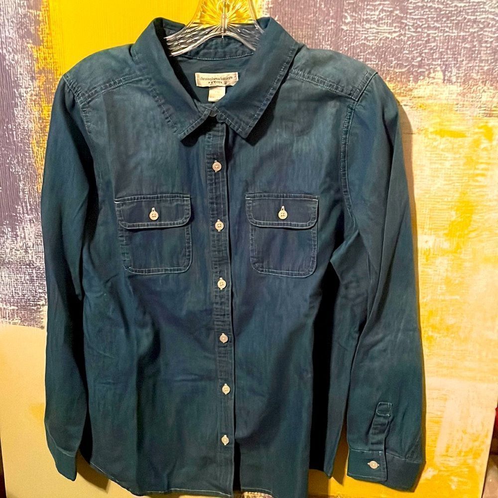 NWT Christopher & Banks Petite Medium button up denim-like shirt.